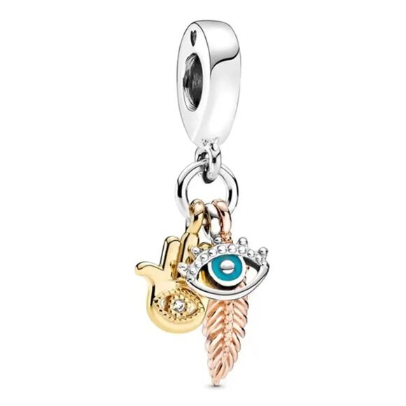 Jewelry - Silver Tri-Color Hamsa All-seeing Eye Feather Spirituality Dangle Pendant Charm